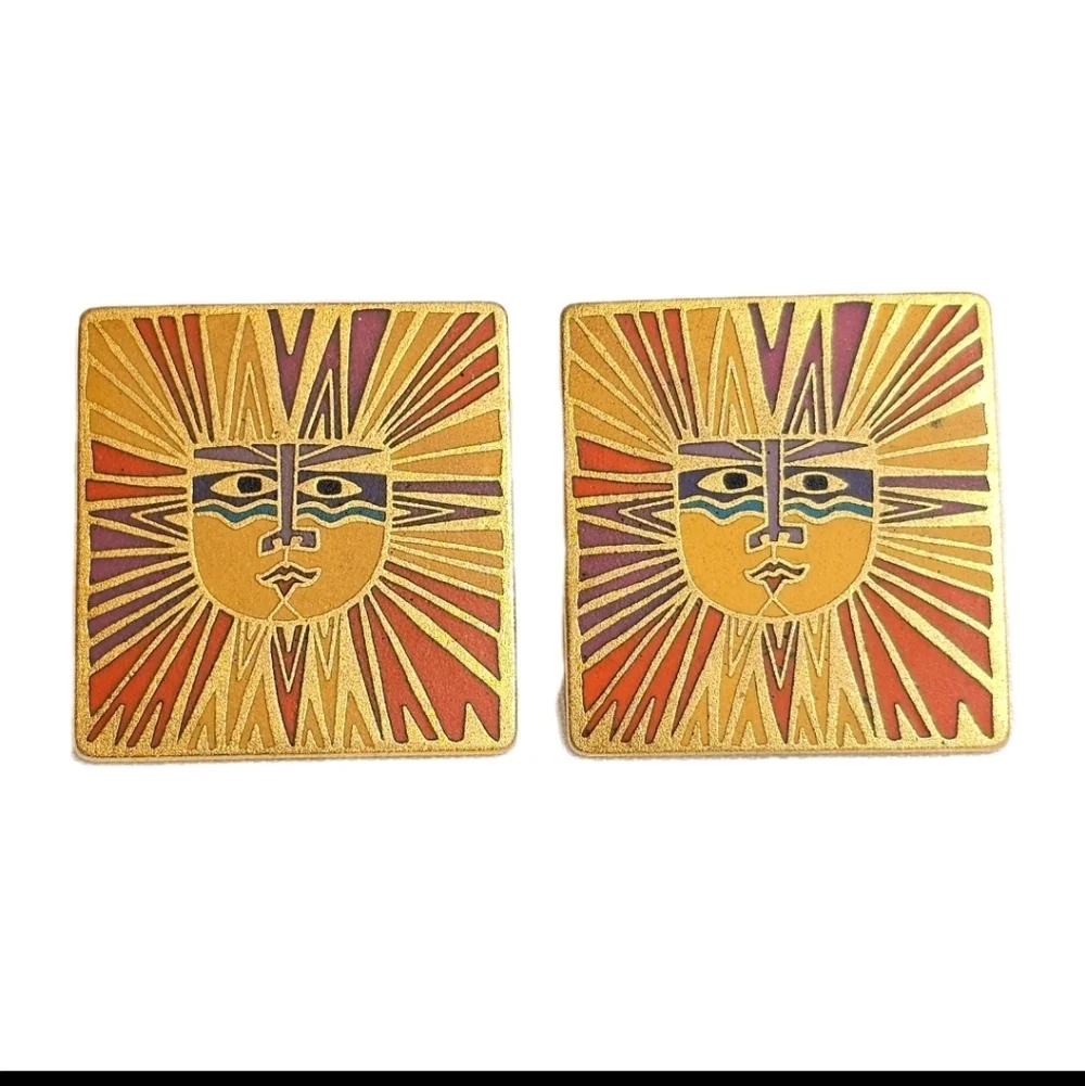 Vintage Laurel Burch "Sun Goddess" Square Cloisonne Gold Tone Statement Earrings - Picture 2 of 8